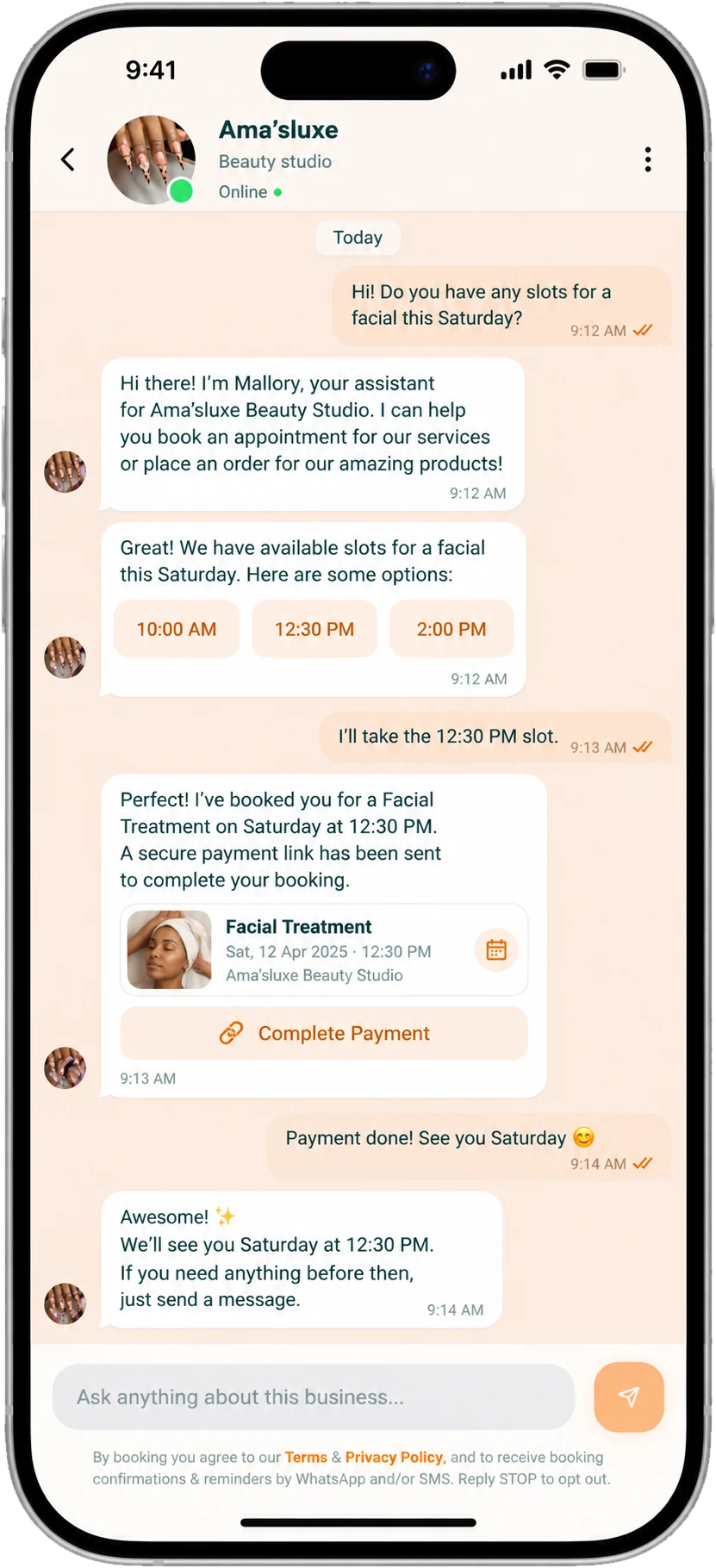 A customer books and pays for a facial in the Ordina chat