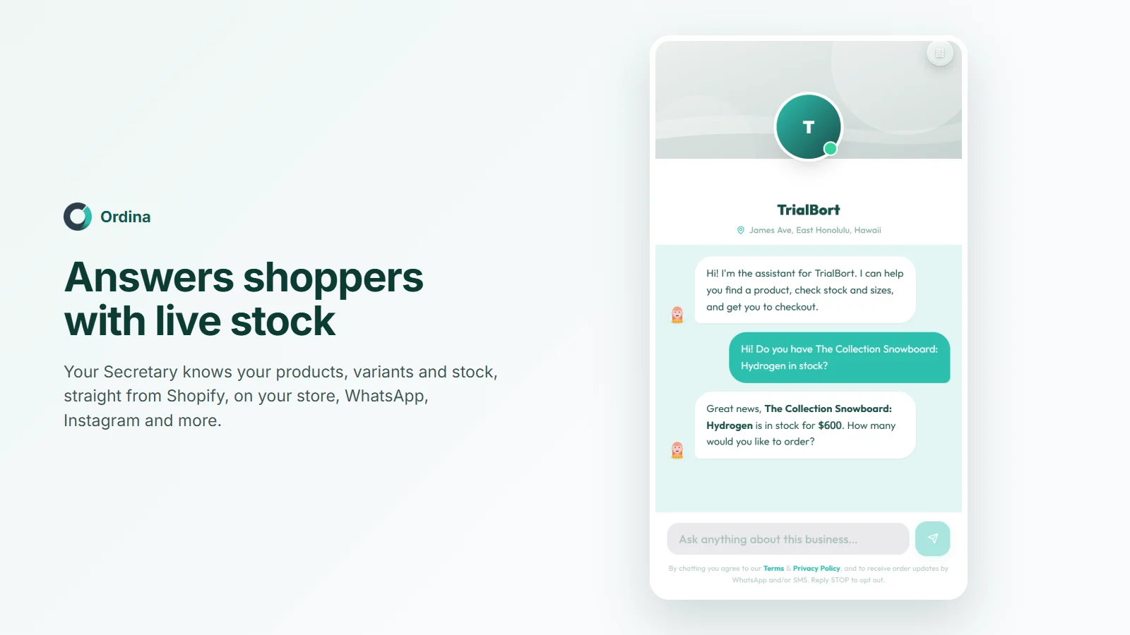 Ordina's chat answering a shopper with live stock and price from a Shopify store