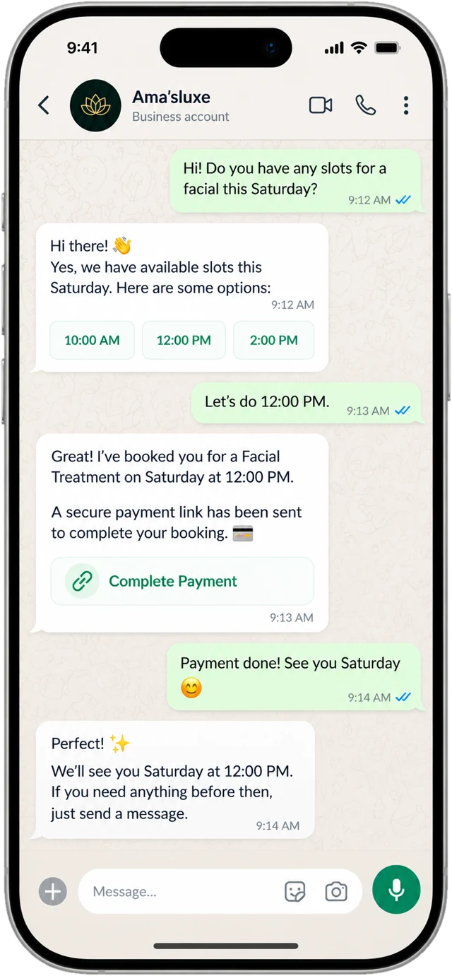 A WhatsApp conversation where the Secretary books a facial and sends the payment link